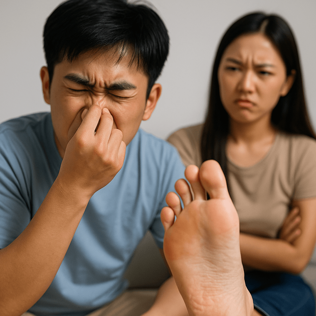 젊은 남성이 발 냄새에 얼굴을 찡그리며 코를 막고 있고, 옆에 앉은 여성이 불쾌한 표정으로 바라보는 모습