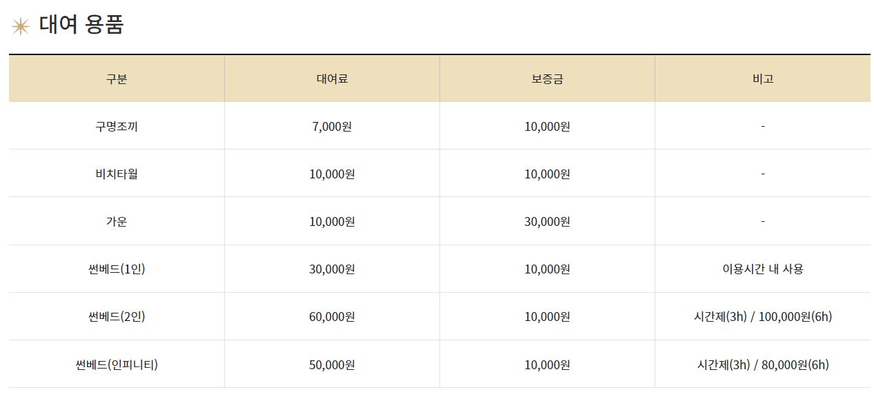 클럽디 오아시스 대여용품 요금