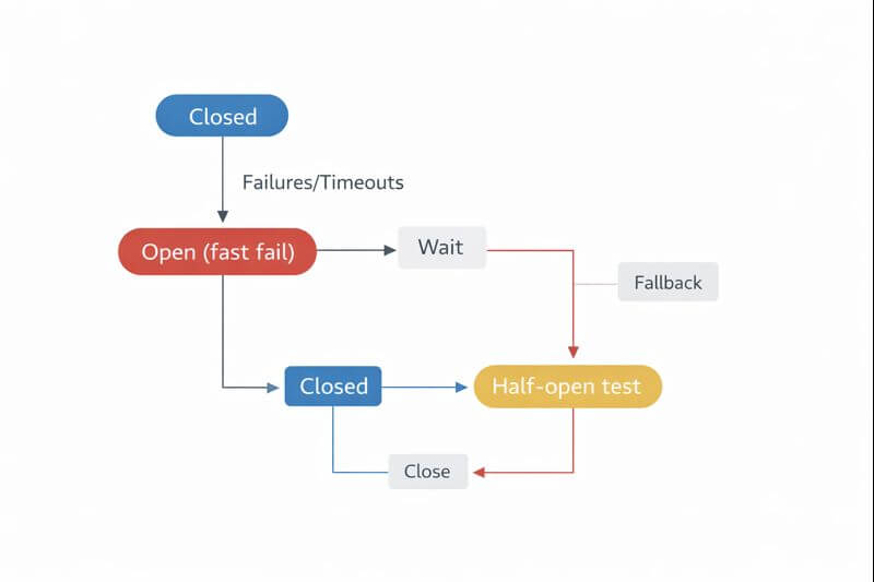 실패율 상승 시 차단(Open)으로 전환되고, 일정 시간 후 시험 호출(Half-open)로 복구 여부를 확인하는 흐름을 보여주는 도식이다.