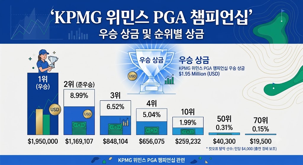 KPMG 위민스 PGA 챔피언십 우승 상금 및 주요 순위별 상금 분배율이 정리된 인포그래픽 그래프 이미지