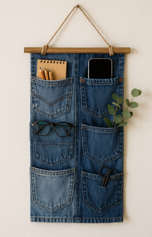 안입는 청바지를 재활용해 실내 벽걸이 수납 포켓 만든모습