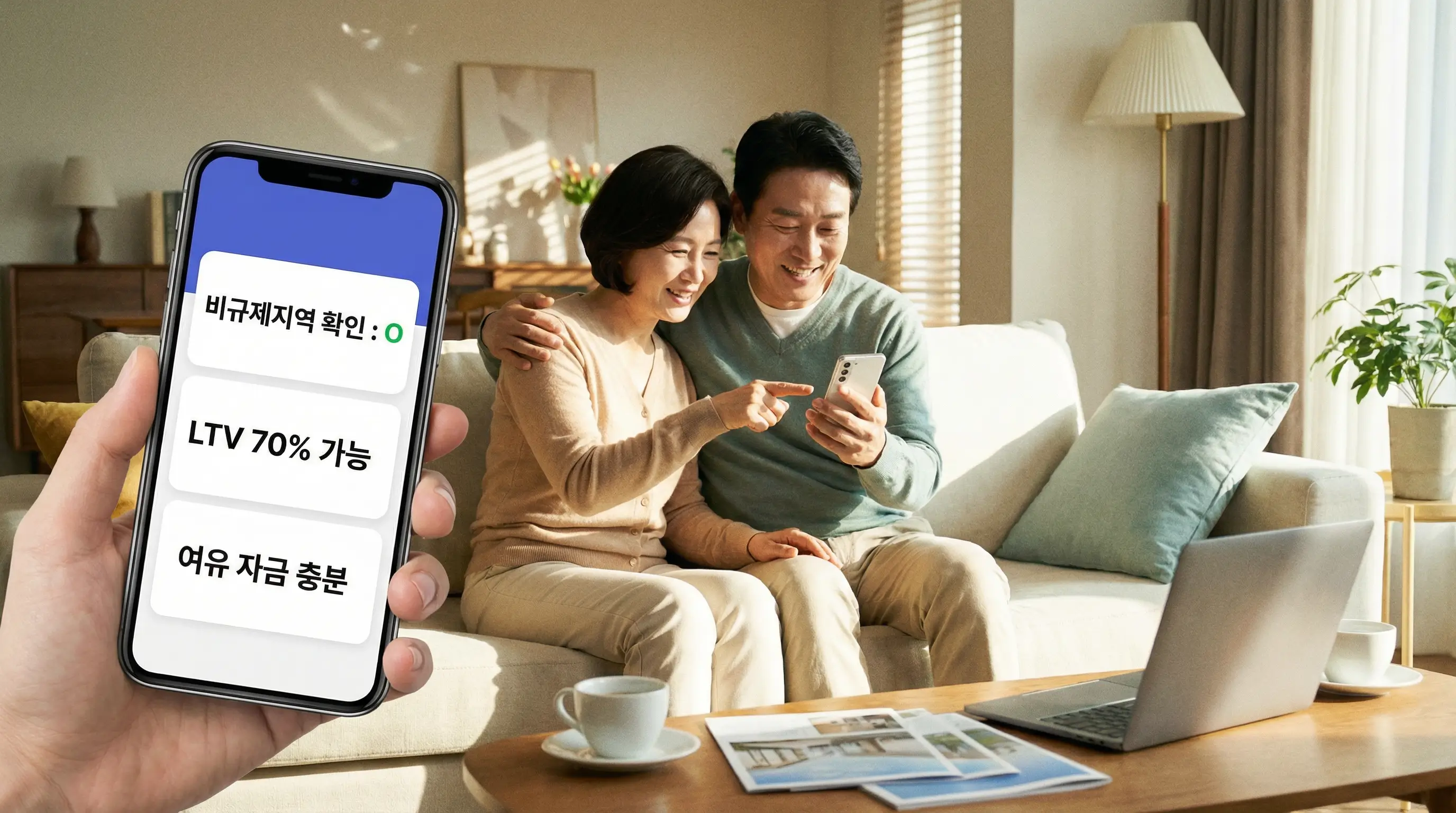 스마트폰으로 비규제지역 여부와 LTV 한도를 조회하고 넉넉한 자금에 안도하는 모습
