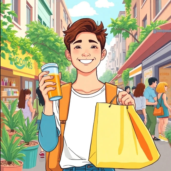 남자가 왼손에는 텀블러, 오른손에는 종이백을 들고 있음. 환경사랑을 실천하는 모습