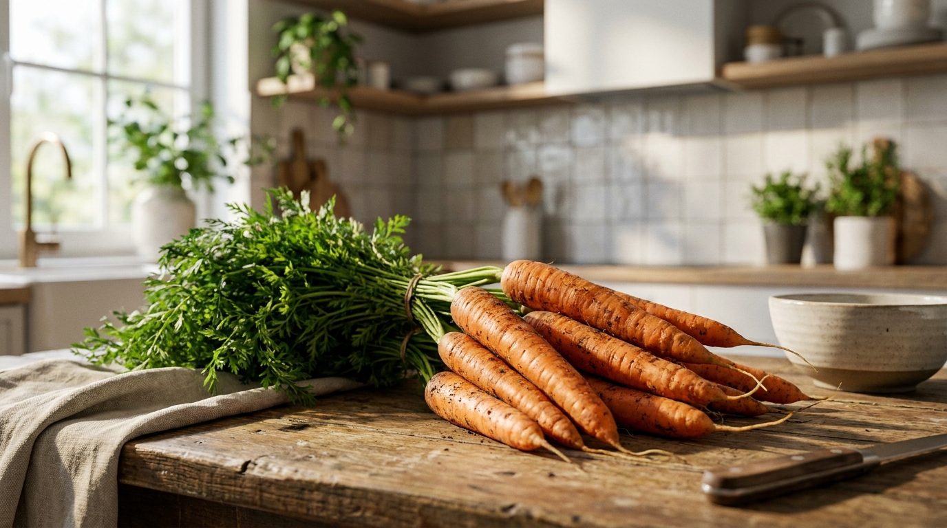 비타민 A가 풍부하여 야맹증 예방에 도움을 주는 신선하고 선명한 주황빛의 유기농 당근