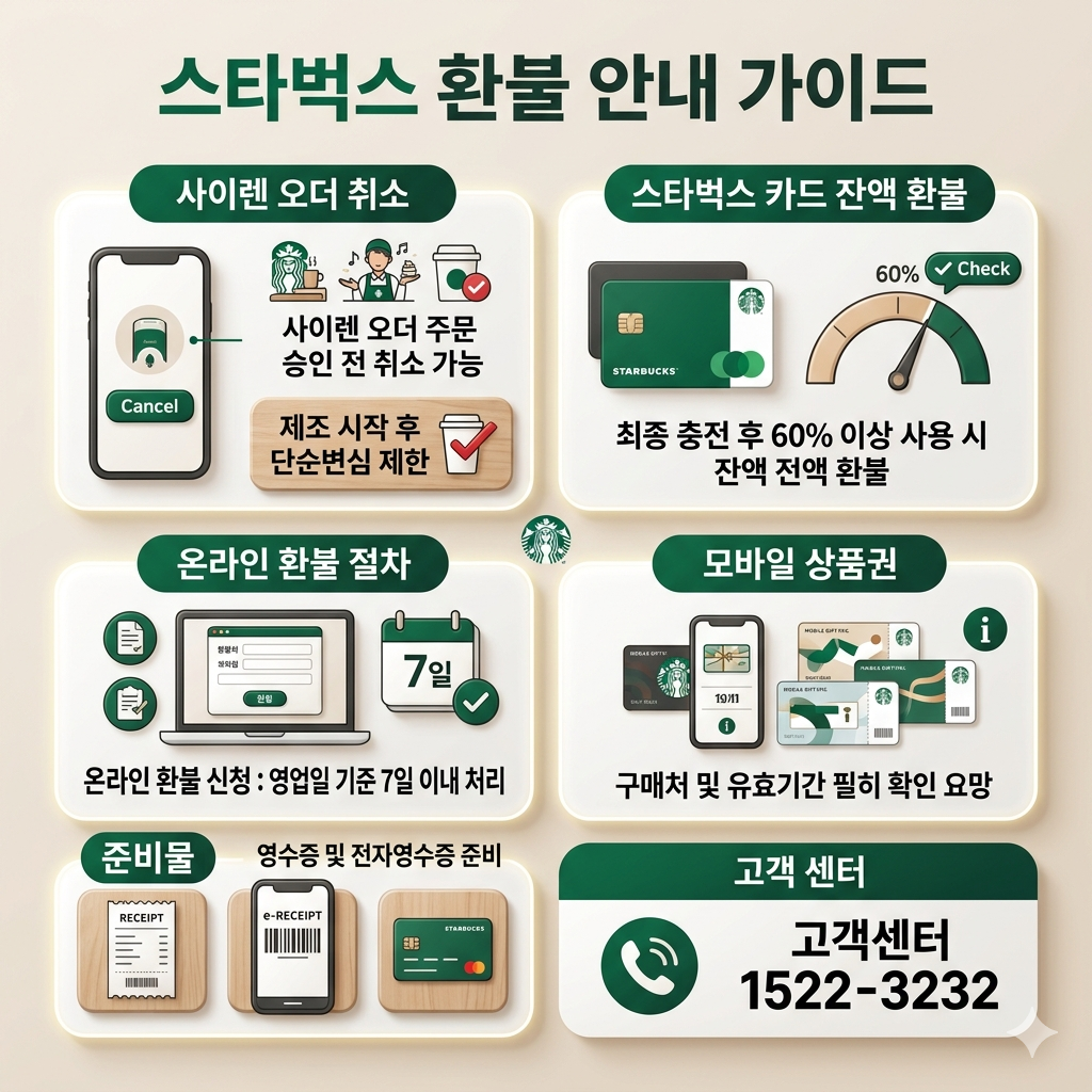 스타벅스 환불 방법 사이렌오더 취소&middot;카드 잔액 환불&middot;기프티콘 환불 기준 인포그래픽