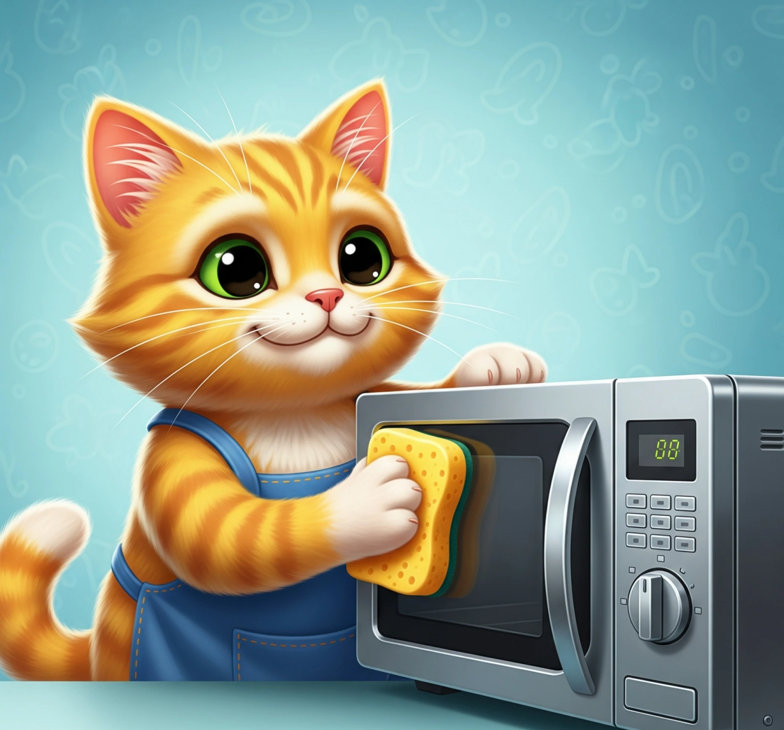 전자렌지를 청소하는 고양이 그림, Illustration of a cat cleaning a microwave oven