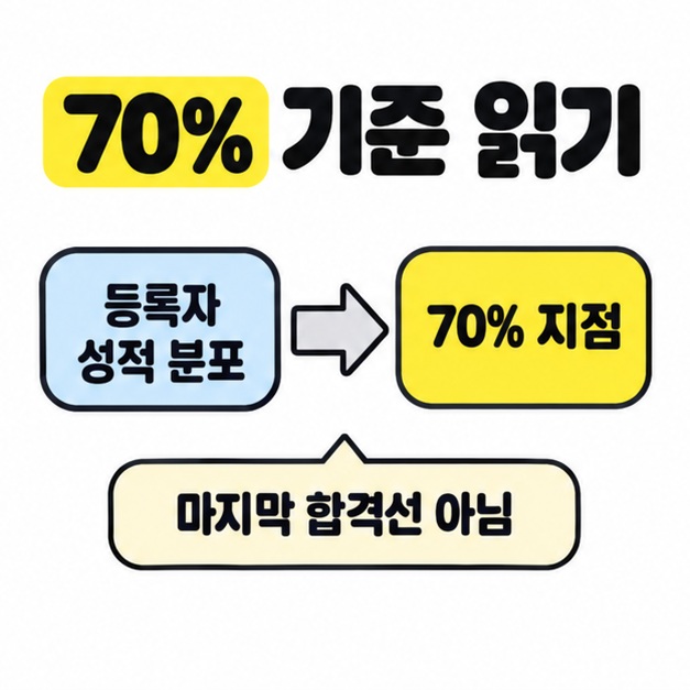 등록자 성적 분포에서 70% 지점으로 화살표가 이어지고 마지막 합격선 아님 문구가 붙은 개념 도식