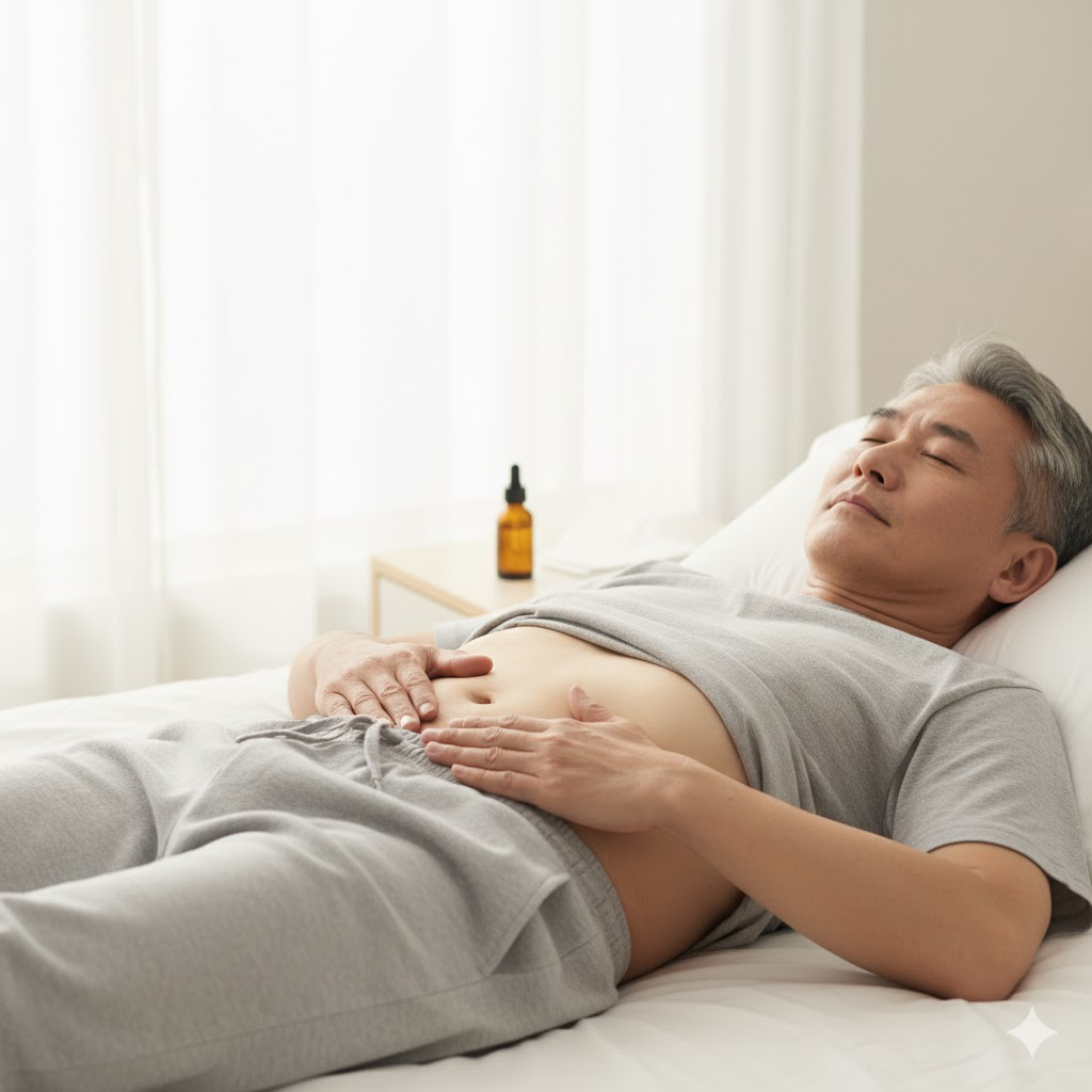 밝은 배경에서 50대 이상의 남성이 편안하게 누워 손바닥으로 하복부(배꼽 아래)를 시계 방향으로 부드럽게 마사지