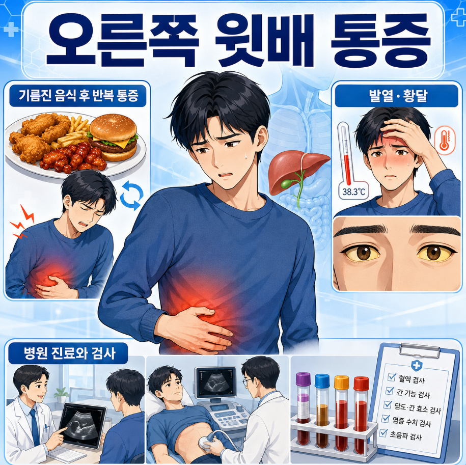 오른쪽 윗배 통증과 기름진 음식 후 반복 통증, 발열&middot;황달 및 병원 검사 안내