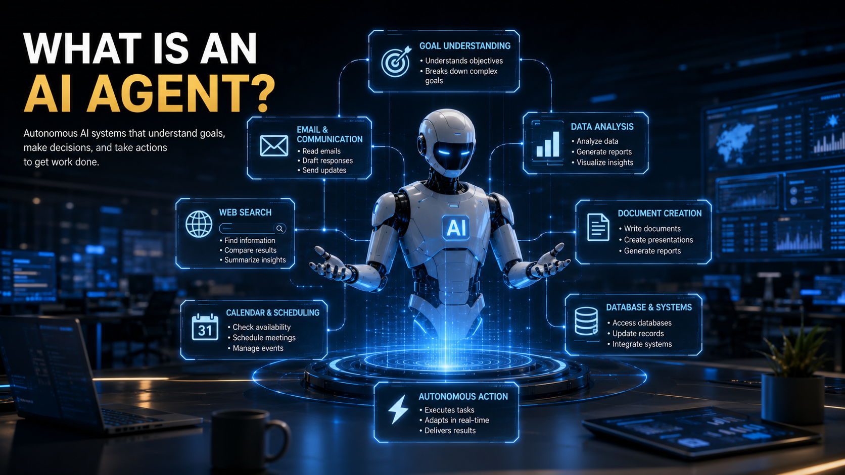 AI agent connected to calendars, emails, databases, and automation tools inside a futuristic digital command center