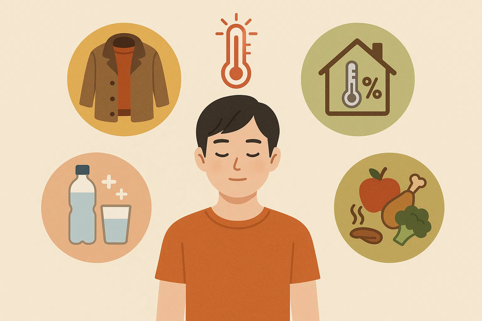 옷 레이어링, 수분&middot;전해질 보충, 적정 실내온도&middot;습도,, 건강 식단