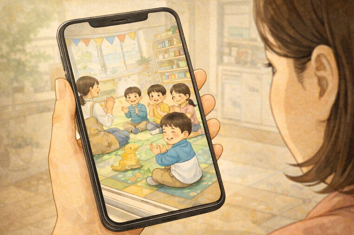어린이집 앱을 통해서 아이가 어린이집에 잘 적응하고 있는 모습을 보고 있는 엄마의 모습