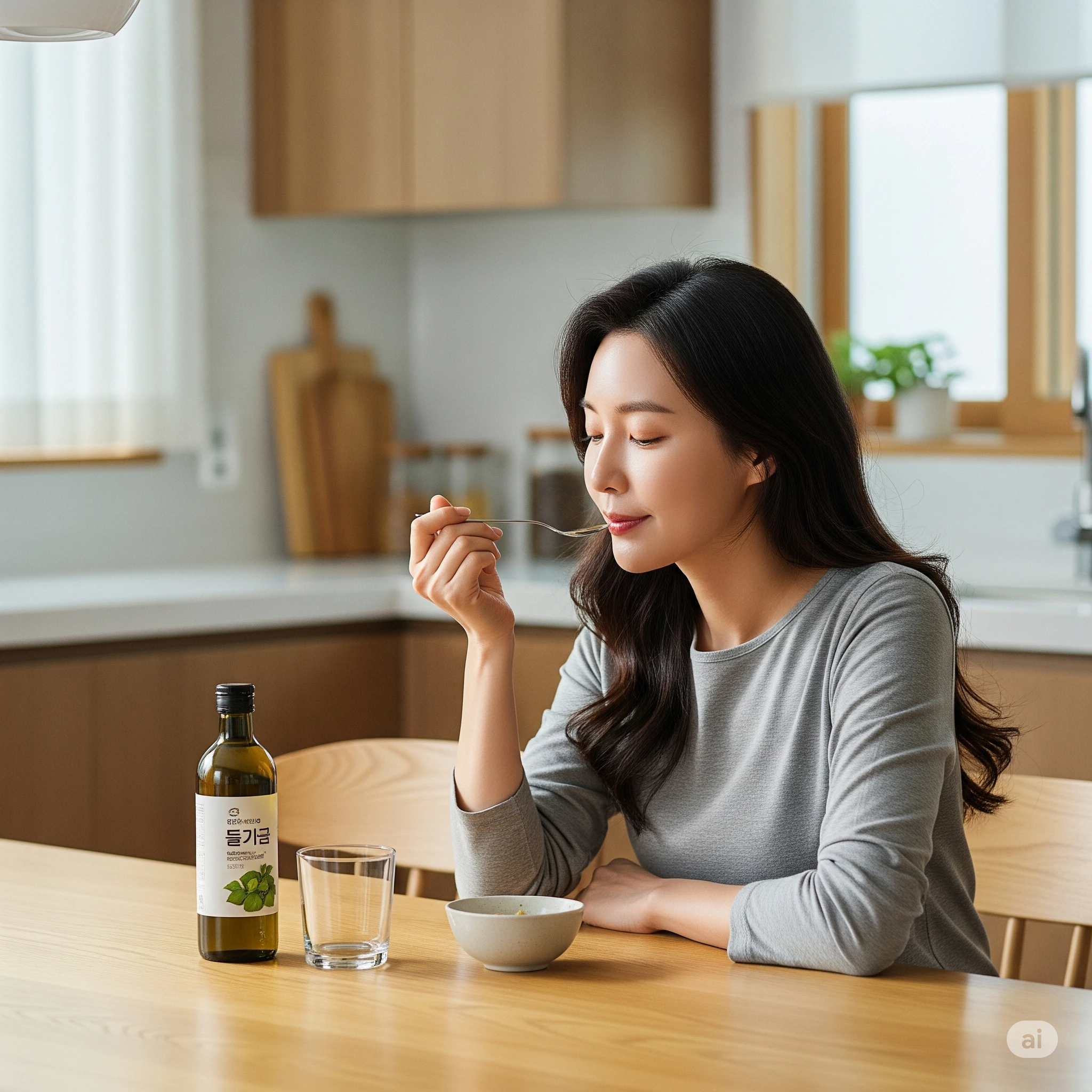 아침에 들기름 한숟가락 마시는 이미지