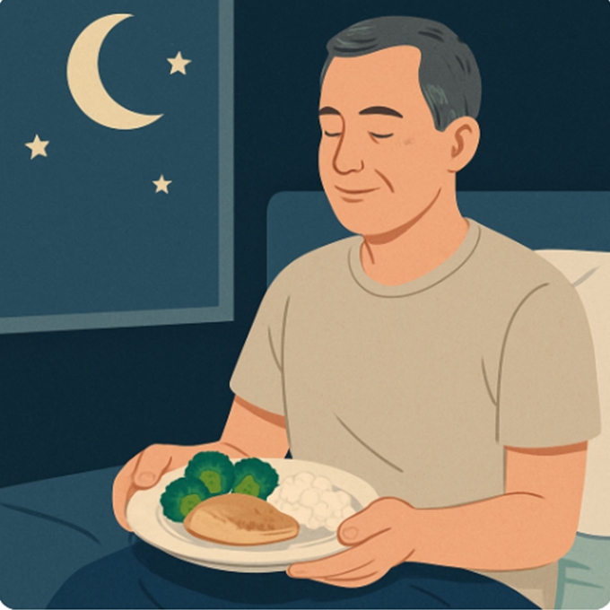 밤에 침대에 앉아 단백질 식사(닭가슴살, 브로콜리, 코티지치즈)를 들고 있는 중년 남성, 창밖으로 보이는 달과 별