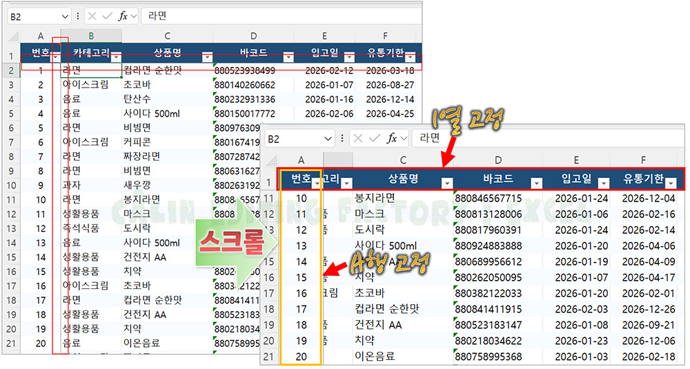 B2 셀을 기준으로 틀 고정이 적용되어 세로 스크롤 시 1행이 고정되고 가로 스크롤 시 A열이 고정된 엑셀 실습 화면