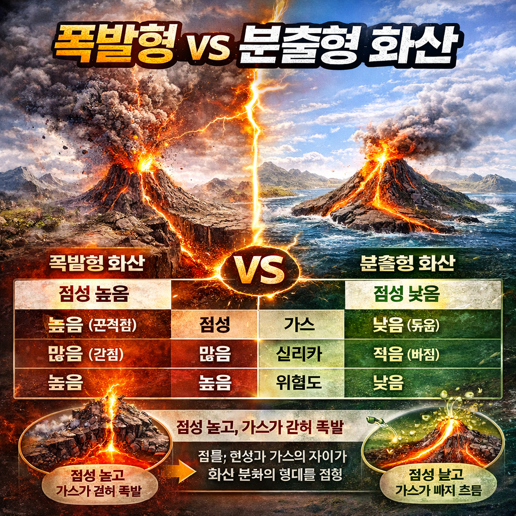 화산 분화는 왜 폭발형과 분출형으로 나뉠까 (마그마 점성 하나로 끝내는 핵심 원리)