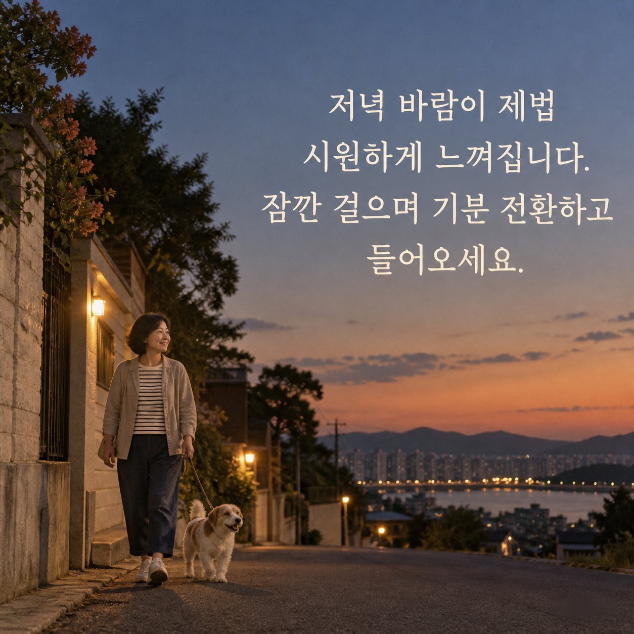 행복한 저녁 인사 이미지 3 — 저녁 바람이 제법 시원하게 느껴집니다. 잠깐 걸으며 기분 전환하고 들어오세요.