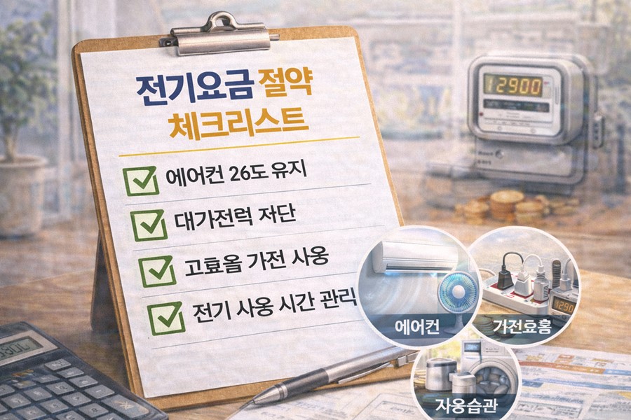 가정에서 전기요금을 줄이기 위해 에어컨 26도 유지, 대기전력 차단, 고효율 가전 사용, 전기 사용 시간 관리 방법을 체크리스트 형식으로 정리한 안내 이미지입니다.