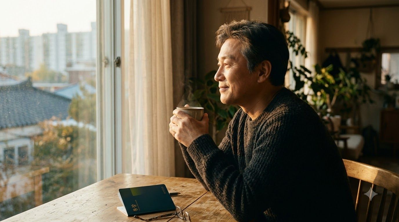 해 뜨는 일요일 아침 창가에서 커피를 마시며 연금 통장을 덮고 미소 짓는 50대 남성의 옆모습