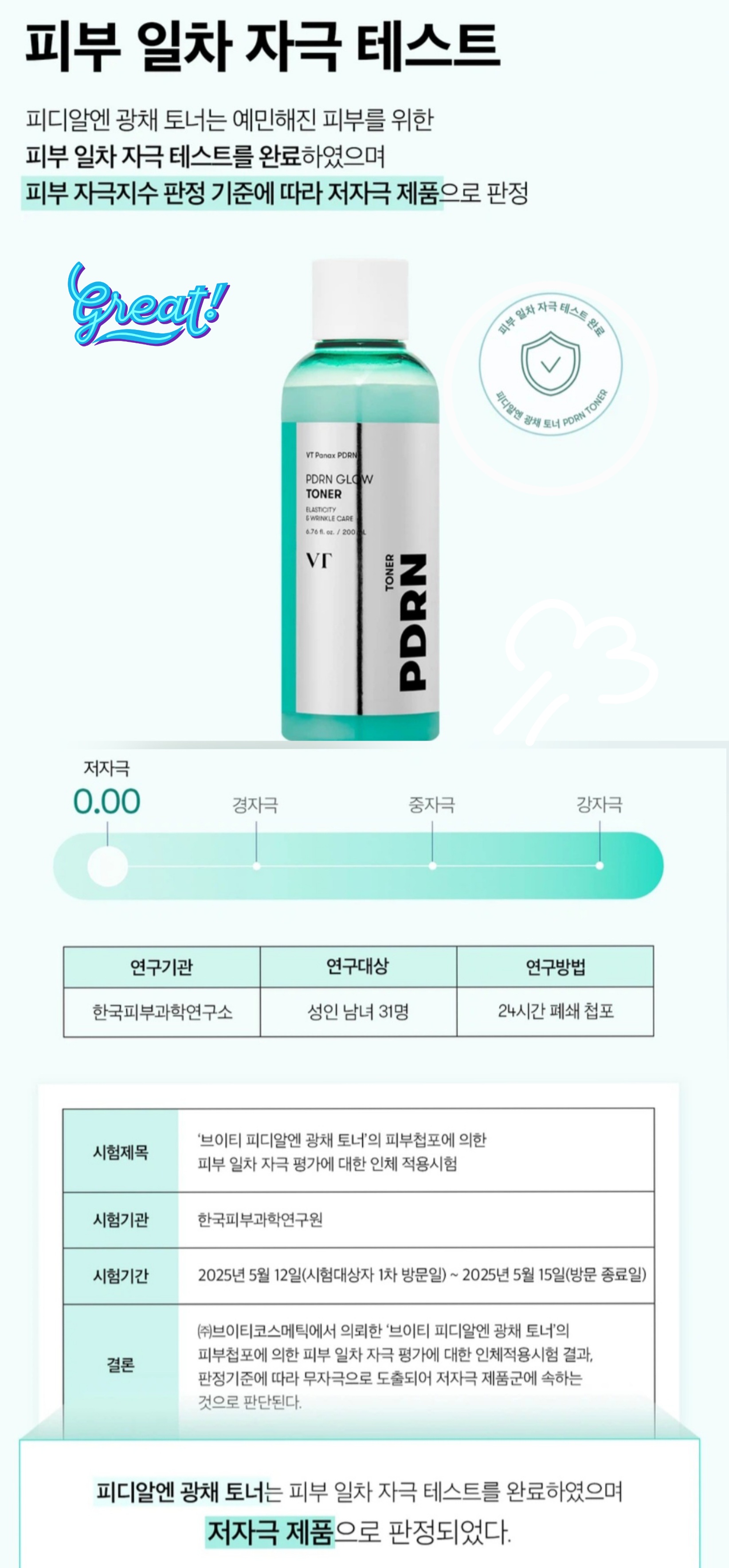 VT PDRN 광채 토너 피부 일차 자극 저자극 테스트 결과
