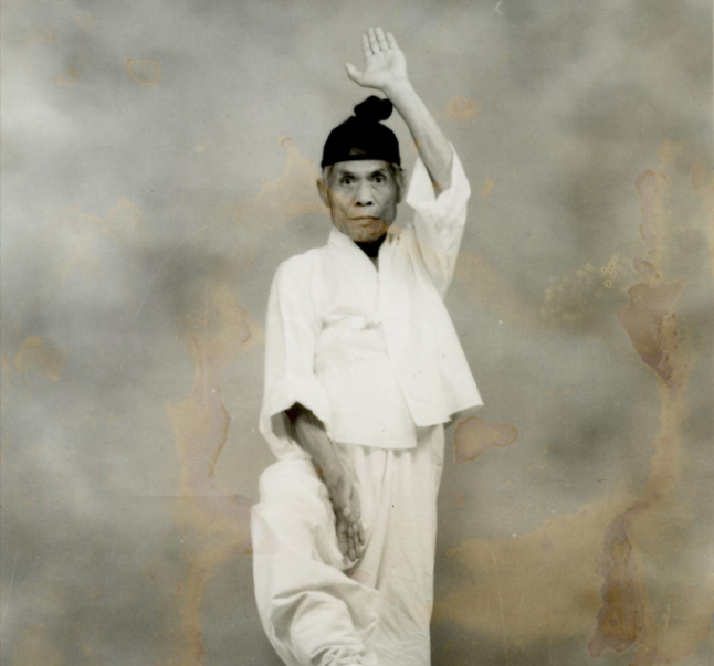 활개짓 쳐들며 무릎걸이를 하는 (고)신한승 보유자
출처 : 택견사진첩