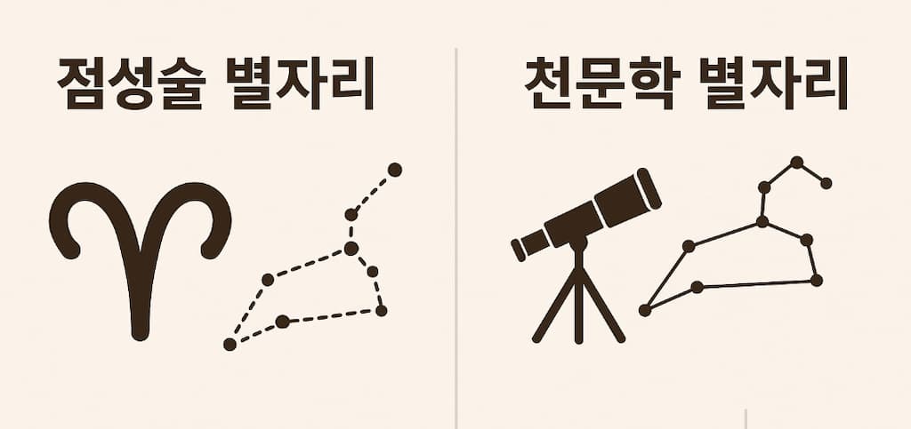 점성술 별자리와 천문학 별자리의 차이를 상징적으로 보여주는 일러스트