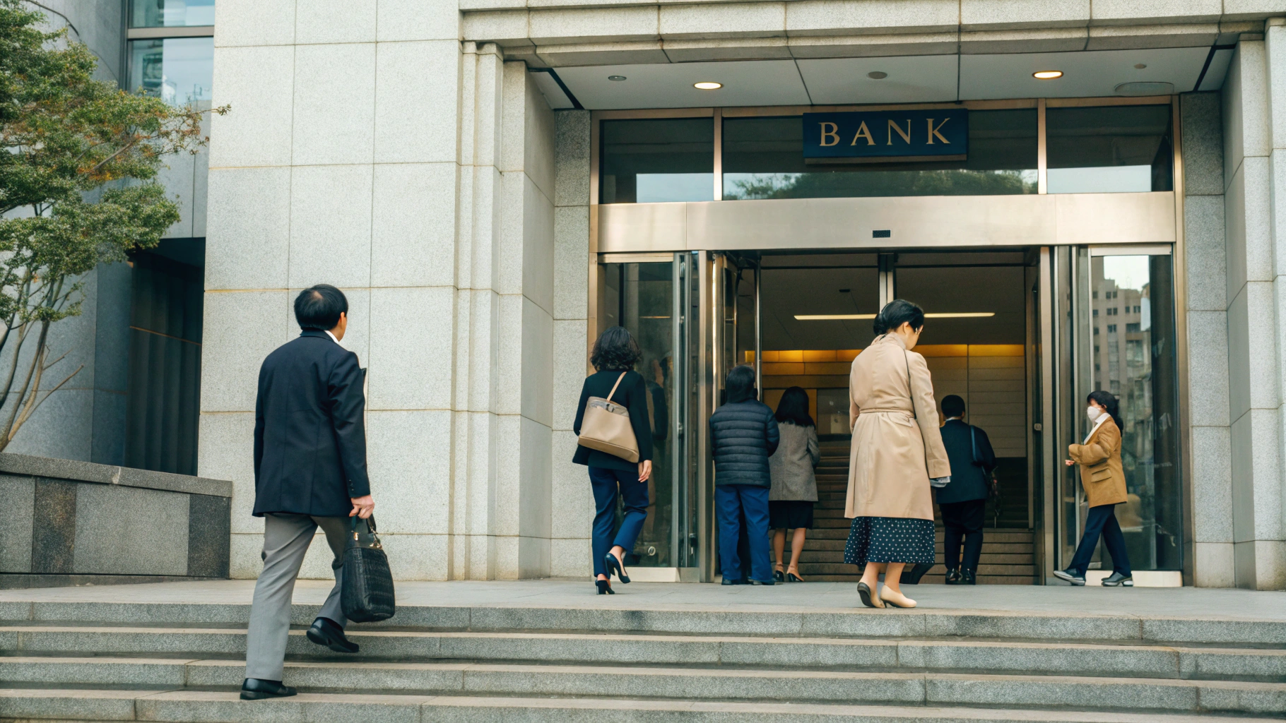 도심에 위치한 은행 건물 입구로 여러 명의 사람들이 계단을 올라가며 출입하는 모습. 대부분 정장을 입고 있으며 일부는 마스크를 착용하고 있음.