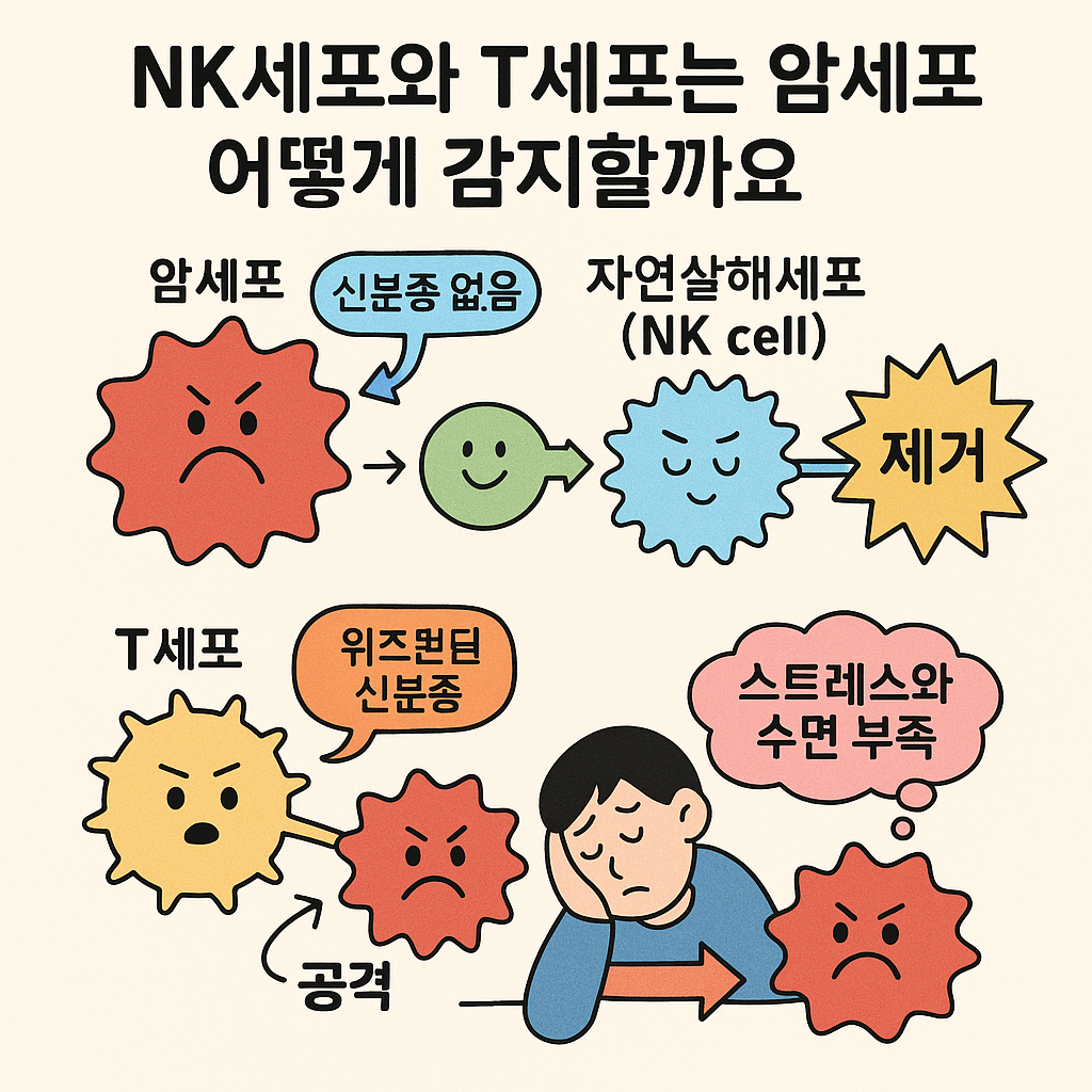 NK세포와 T세포가 암세포를 감시하는 방법을 일러스트로 표현하였습니다.