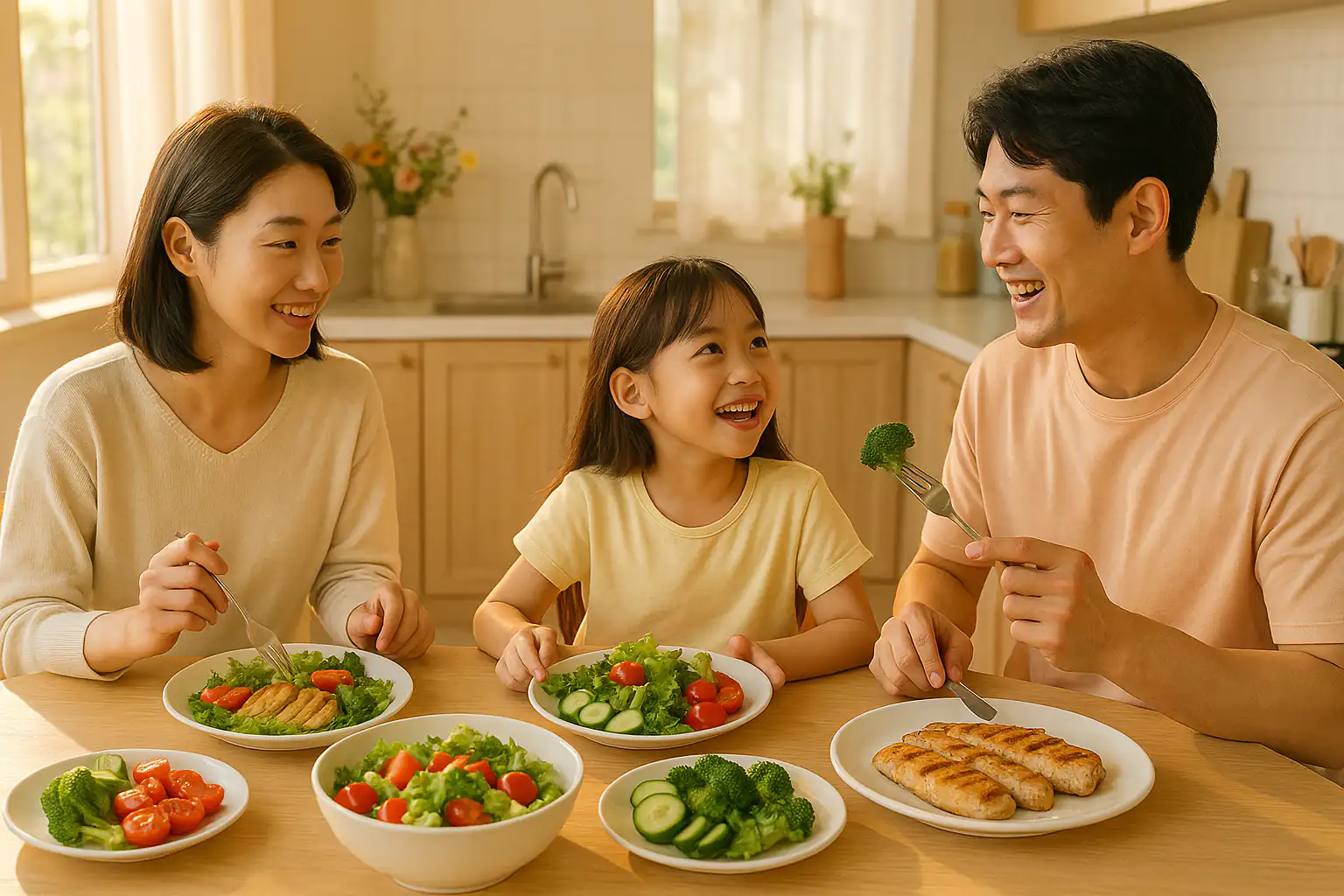 햇살이 들어오는 주방에서 신선한 채소와 단백질 요리를 즐기는 가족
