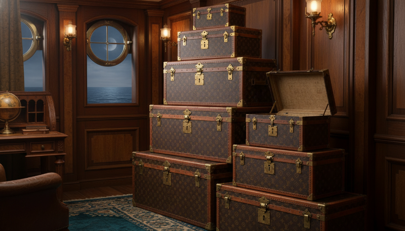 19세기 호화 여객선 객실에 쌓여 있는 루이비통 빈티지 트렁크