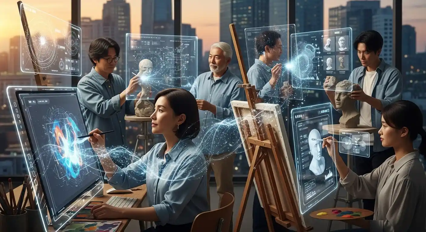 <img src="ai_human_creative_collaboration.webp" alt="인간과 생성형 AI가 하나의 캔버스를 공유하며 서로 다른 방식으로 예술을 창작하는 모습을 표현한 이미지입니다">