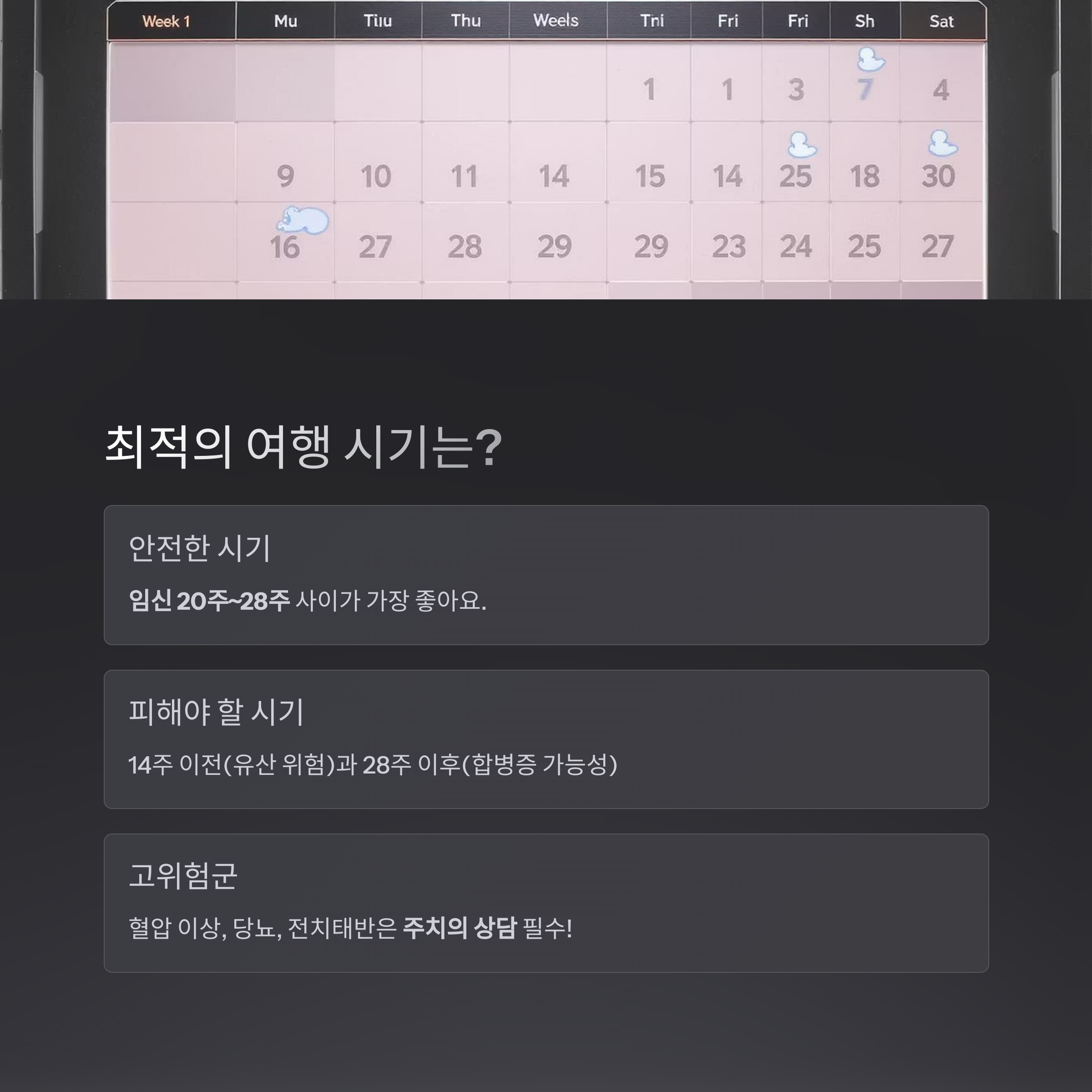 달력 이미지와 함께 임신 중 여행에 가장 적합한 시기(20~28주)와 피해야 할 시기, 고위험군에 대한 설명이 담긴 인포그래픽