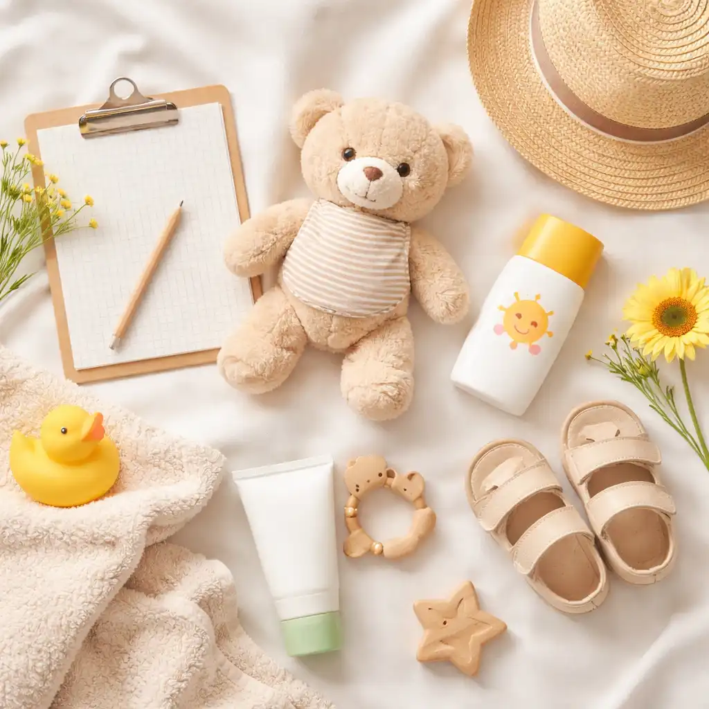 아기 피부 점 예방을 위한 자외선 차단제, 유아용품, 체크리스트가 담긴 평온한 육아 소품 배치 이미지