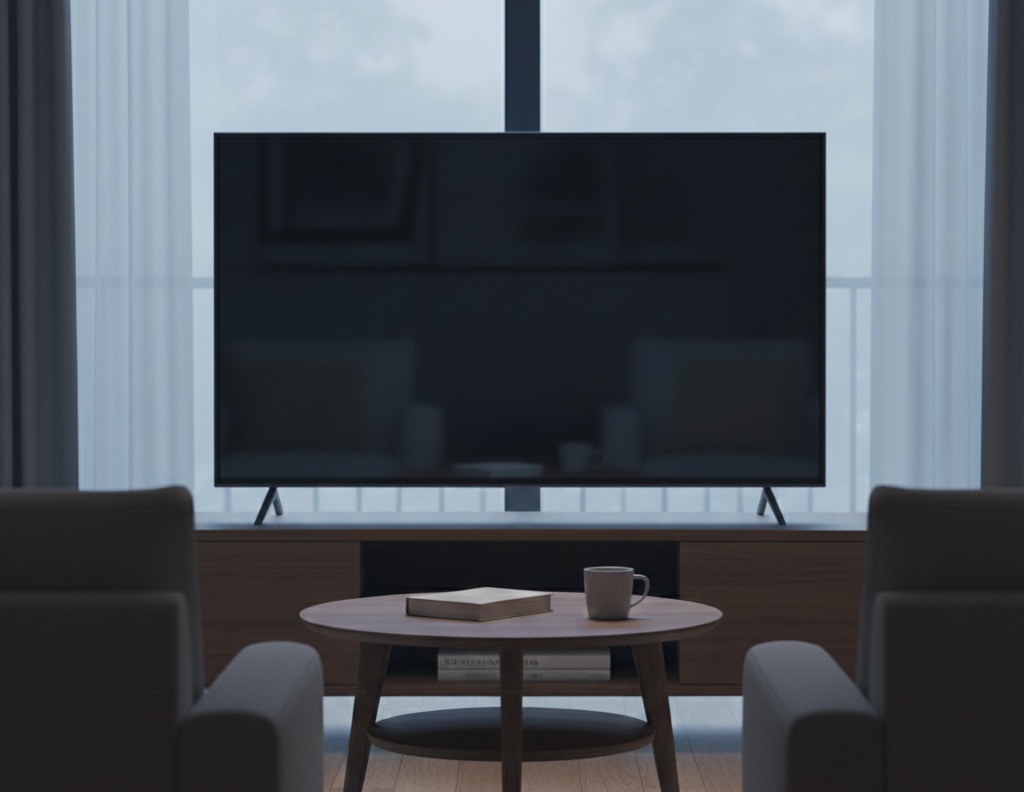 조용한 거실에서 꺼진 TV와 소파가 보이는 차분한 분위기