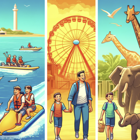 그리스에서 4인 가족이 수상 스포츠, 놀이공원, 동물원을 즐기는 모습 비교 사진