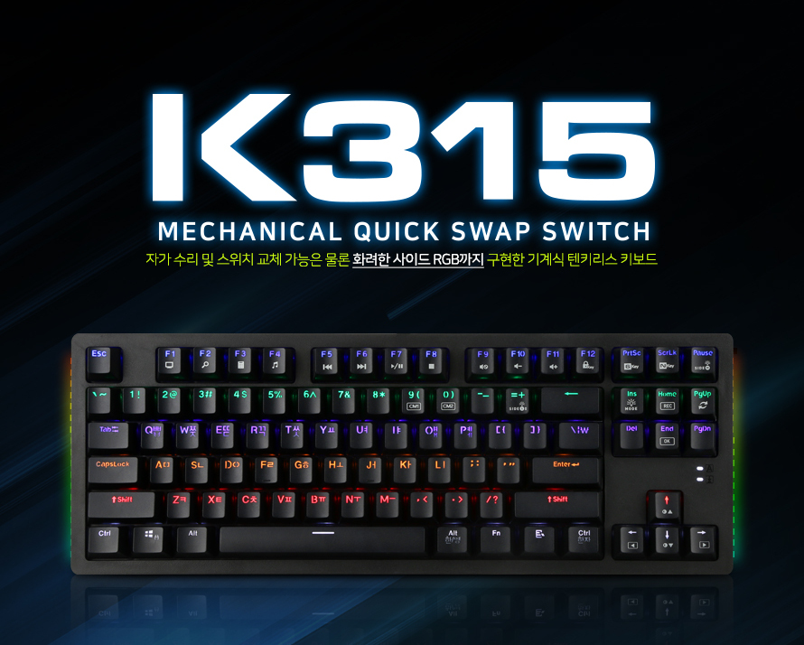ABKO HACKER K315 Tenkeyless 축 교체 사이드 RGB 조명 더블 인젝션 게이밍 메카닉 키보드