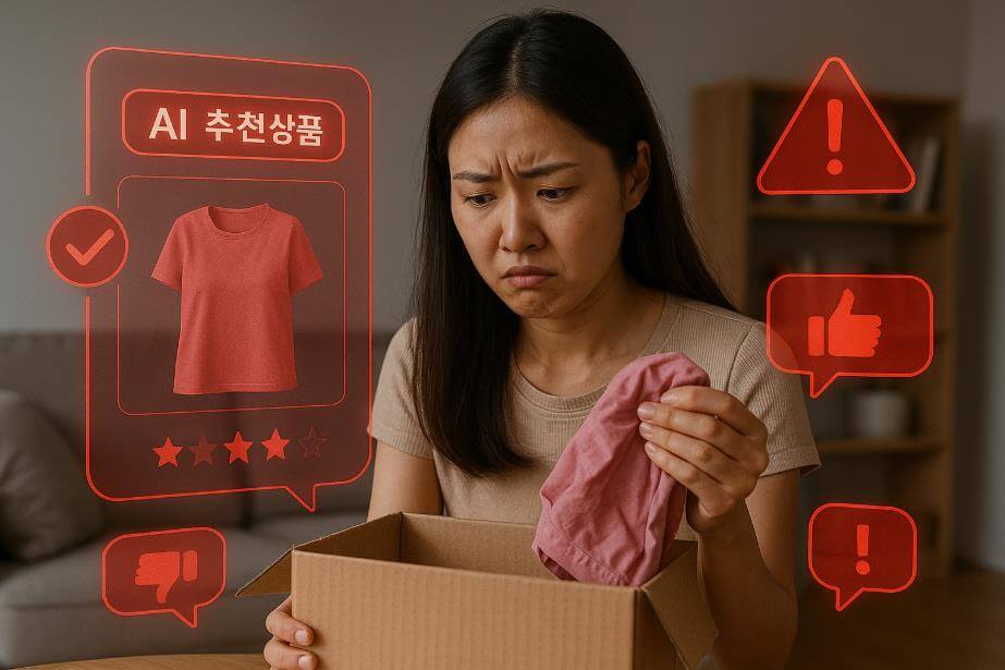 소비자가 배송 박스를 열어보는 순간 실망한 표정을 짓는 장면.