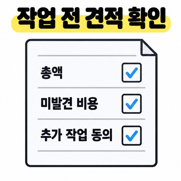 총액과 미발견 비용, 추가 작업 동의를 작업 전에 확인하도록 체크 표시를 넣은 견적서 그림
