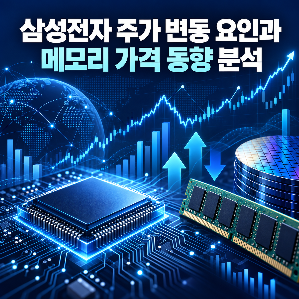 삼성전자 주가 변동과 메모리 가격 동향을 반도체 칩, 메모리 모듈, 웨이퍼, 상승&middot;하락 화살표와 주가 그래프로 표현한 인포그래픽 이미지.