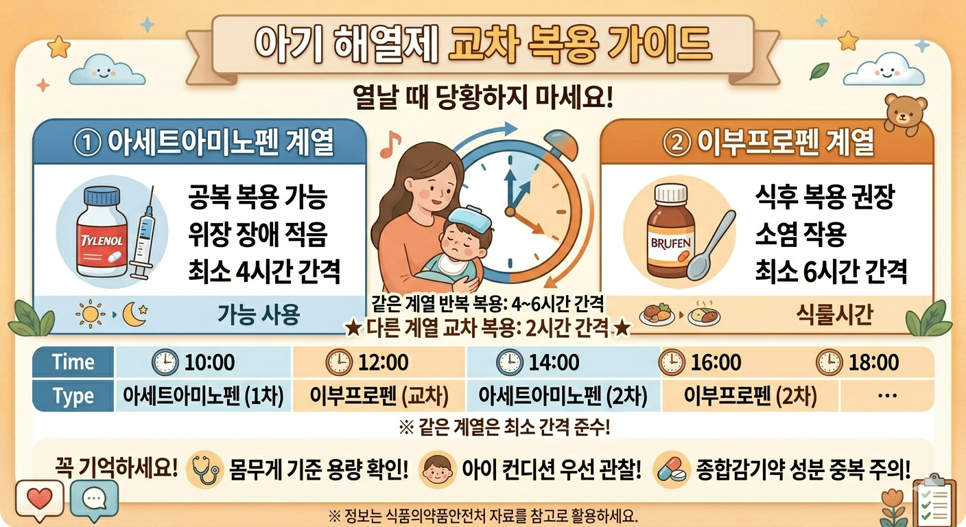 [해열제 교차 복용 타임테이블 &amp; 계열별 정리표]