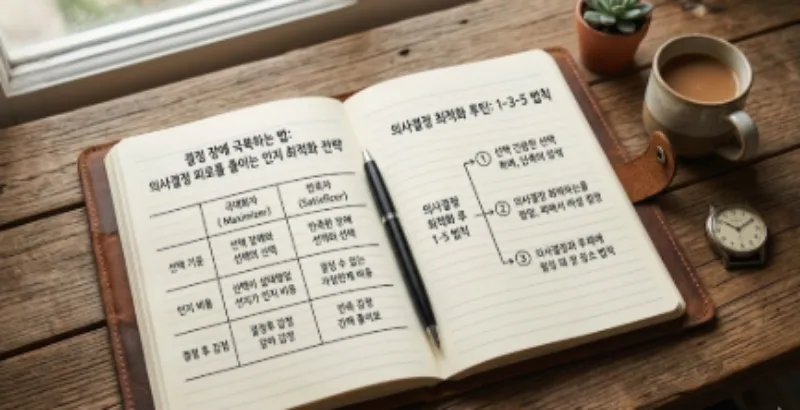 의사결정 피로를 줄이기 위한 인지 최적화 전략과 만족자(Satisficer)의 선택 기준이 도표로 정리된 집중 노트와 아날로그 시계 사진
