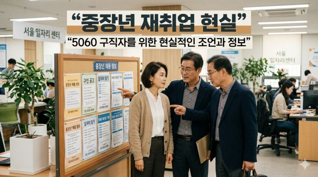 중장년 재취업 준비 과정과 현실적인 직무 선택 기준을 설명하는 이미지