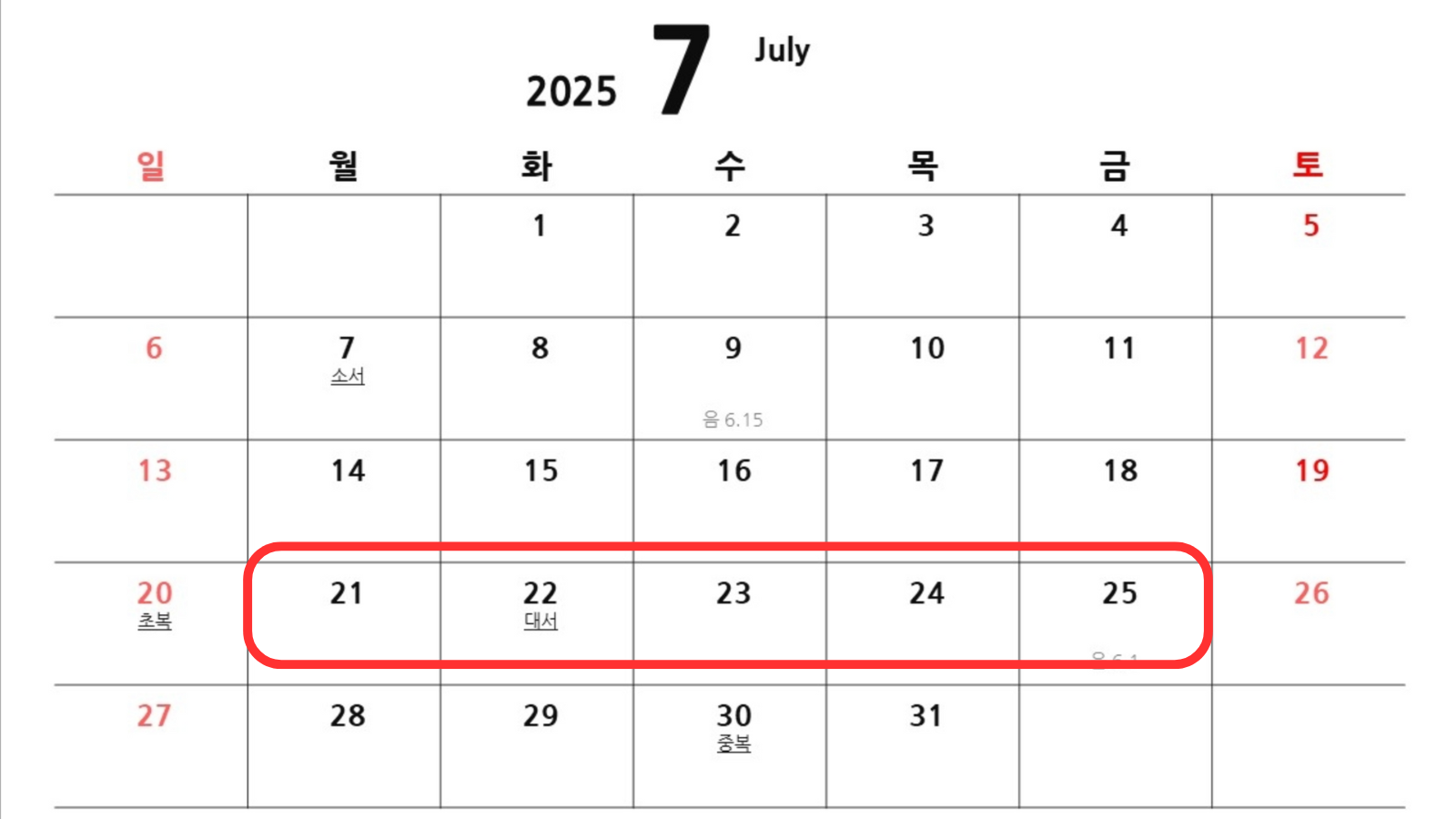 민생회복 소비쿠폰 지급 시작일과 요일제 신청 일정이 나와있는 2025년 7월 달력