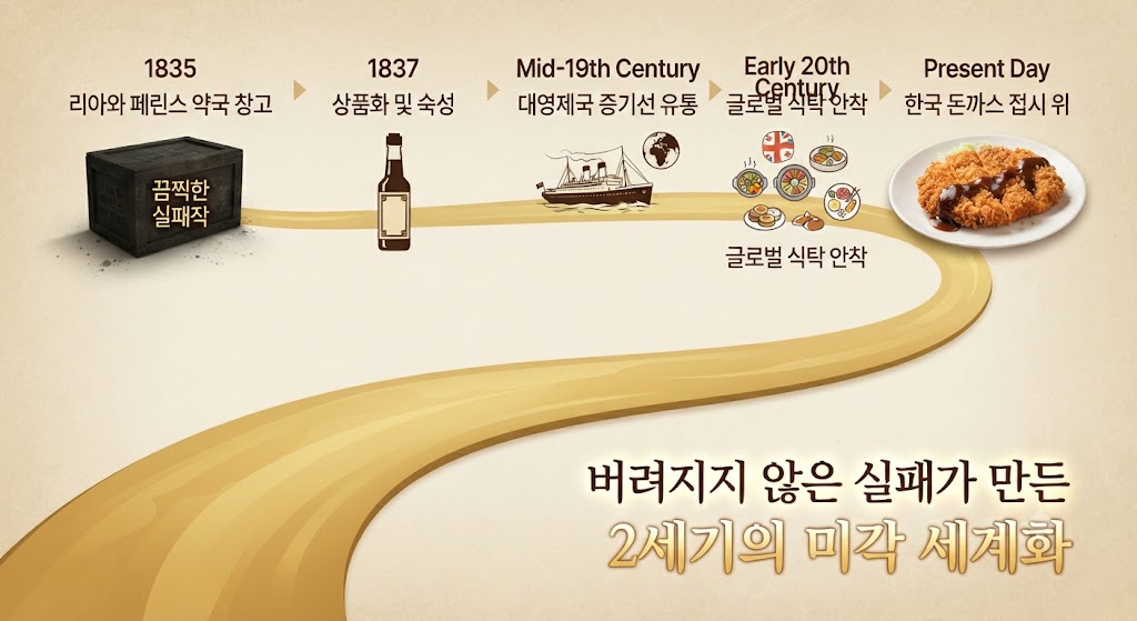 우스터소스가 1835년 영국의 한 약국 창고에서 '끔찍한 실패작'으로 시작하여, 2세기에 걸쳐 어떻게 세계화되었는지 타임라인으로 정리했습니다. 1837년 상품화, 19세기 증기선 유통, 20세기를 거쳐 21세기 한국의 돈까스 소스 접시에 도착하기까지의 여정을 아이콘과 지도로 보여줍니다. 마지막에는 '버려지지 않은 실패'가 만든 거대한 산업을 상징하는 황금빛 Lea &amp; Perrins 병을 배치하여, 세렌디피티의 긴 시간 스케일을 강조합니다.