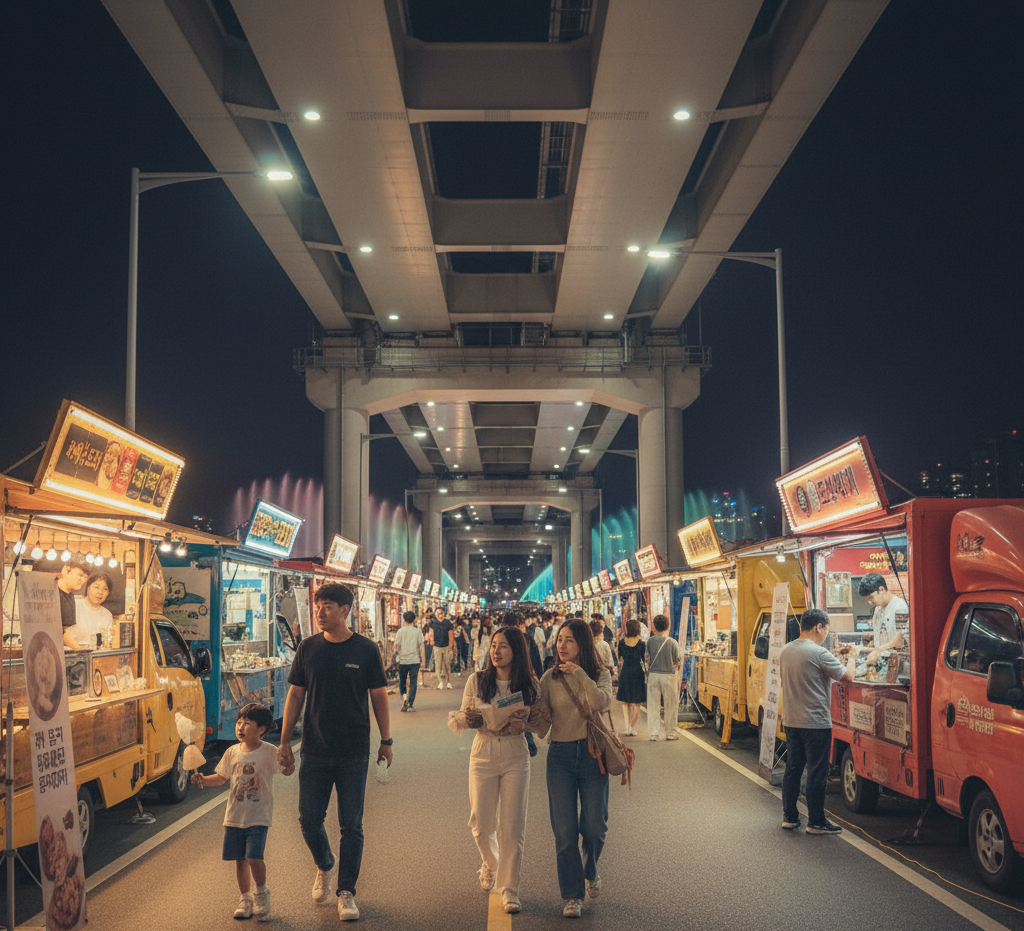 잠수교 뚜벅뚜벅 축제 푸드트럭존, 다양한 먹거리와 가족 단위 관람객이 어우러진 한강의 밤 풍경