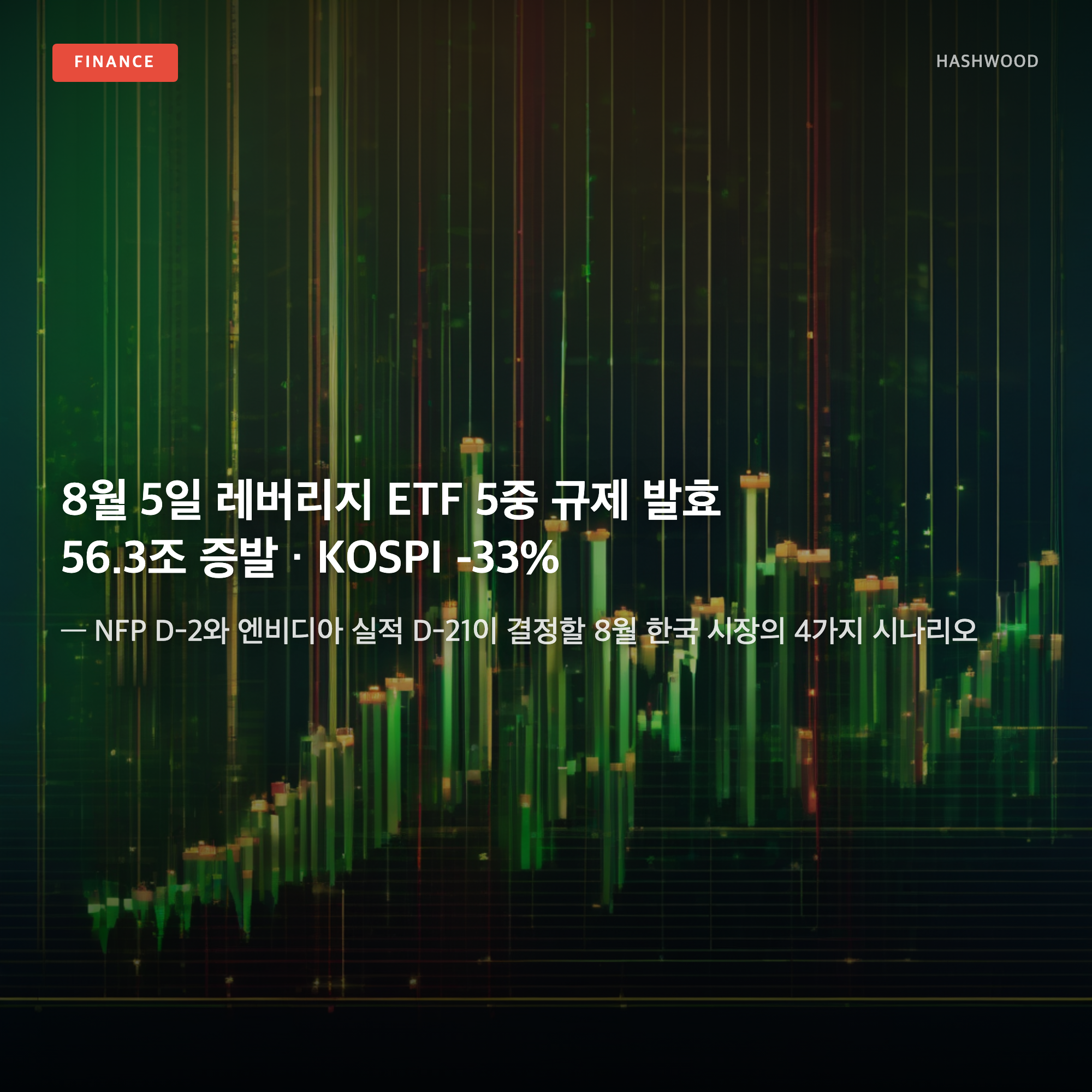 그림: 8월 5일 레버리지 ETF 5중 규제 발효 — — 56.3조 증발·29.2조 레버리지·KOSPI -33%, NFP D-2와 엔비디아 실적 D-21이 결정할 8월 한국 시장의 4가지 시나리오