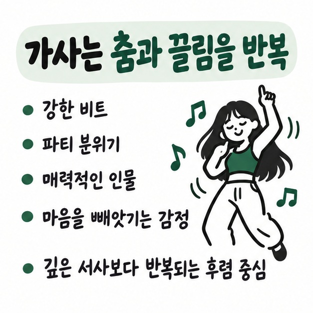 강한 비트의 파티에서 춤추는 매력적인 인물과 끌림을 반복적으로 표현하는 가사 내용을 보여주는 카드