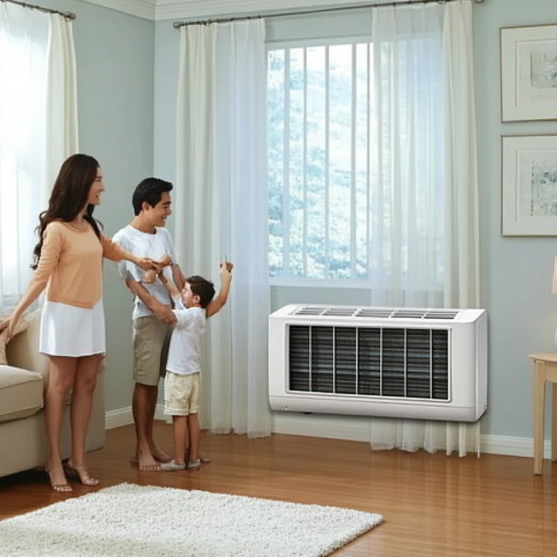 넓은 방에서 대용량 창문형 에어컨이 시원한 환경을 제공하여 가족의 화목한 시간을 만들어냅니다. 가족 중심의 따뜻한 분위기를 전달합니다.