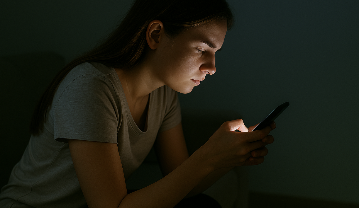 어두운 방에서 조명 없이 스마트폰을 가까이 들고 보는 여성 사진