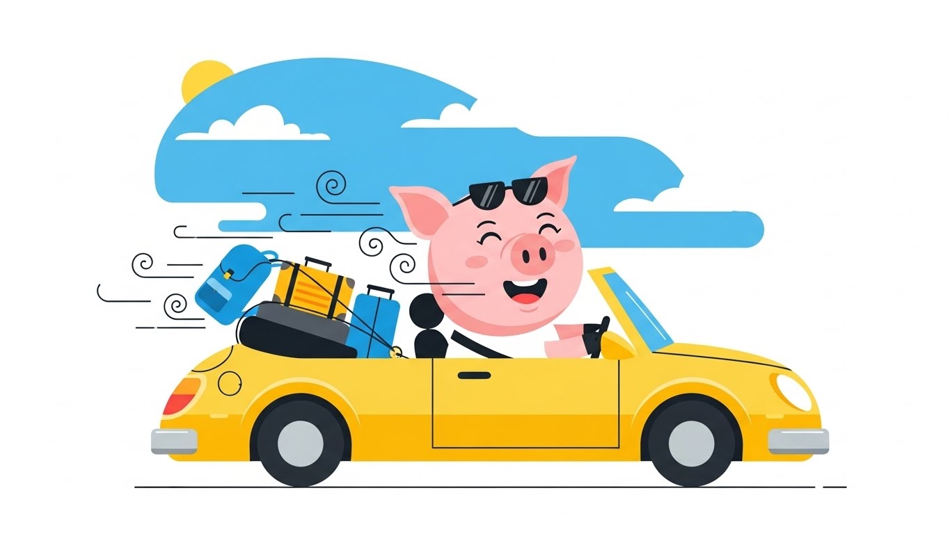짐을 싣고 오픈카를 운전하며 자유로운 여행을 떠나는 행복한 돼지 캐릭터 일러스트